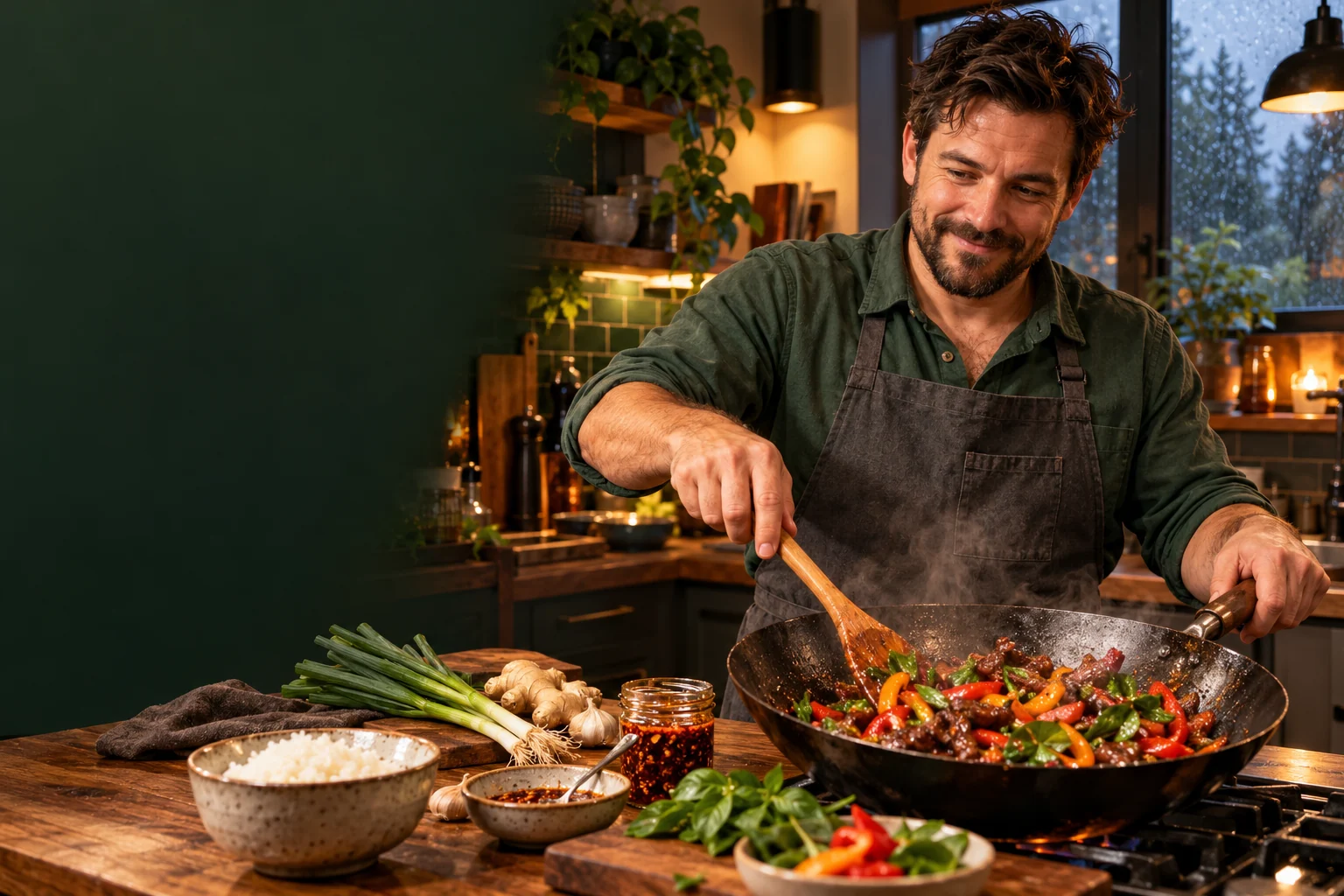 Kit Mercer brand artwork: cooking a colorful stir-fry in a warm kitchen on a rainy evening