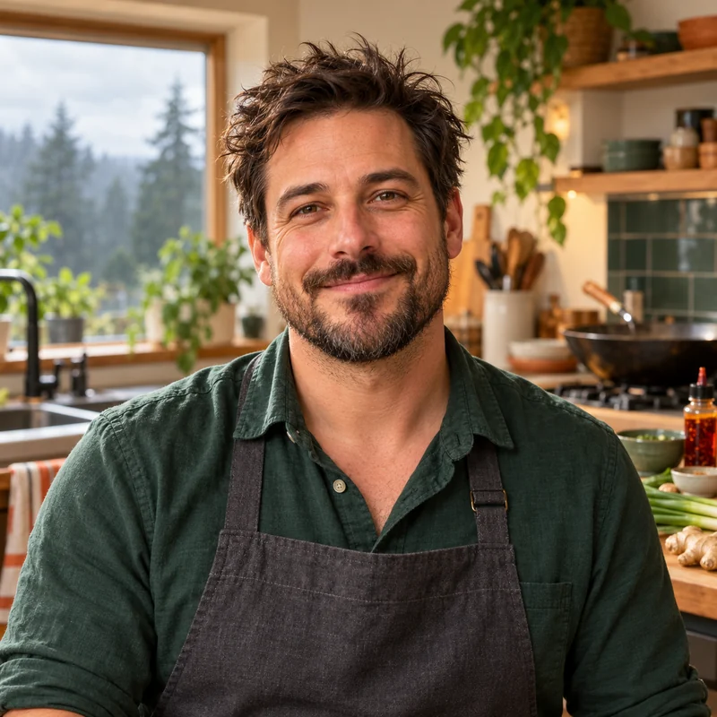 Kit Mercer brand portrait in a green shirt and charcoal apron